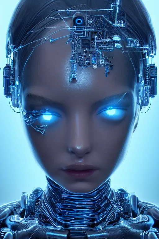 Image similar to close up headshot of a female android, intricately detailed mechanical parts, complicated circuits and wires, beautiful gazing symmetric blues eyes, unreal engine, path tracing, 8k, artstation