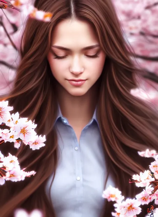 Prompt: photo of a gorgeous female with long brown hair in the style of stefan kostic, realistic, full body shot, sharp focus, 8 k high definition, insanely detailed, intricate, elegant, art by stanley lau and artgerm, cherry blossoms