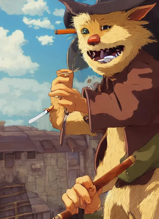 Image similar to studio ghibli pathfinder 2 e illustration of furry goblin smoking a cigar, character portrait, unreal engine, hyper realism, realistic shading, cinematic composition, realistic render, octane render, detailed textures, photorealistic, wide shot