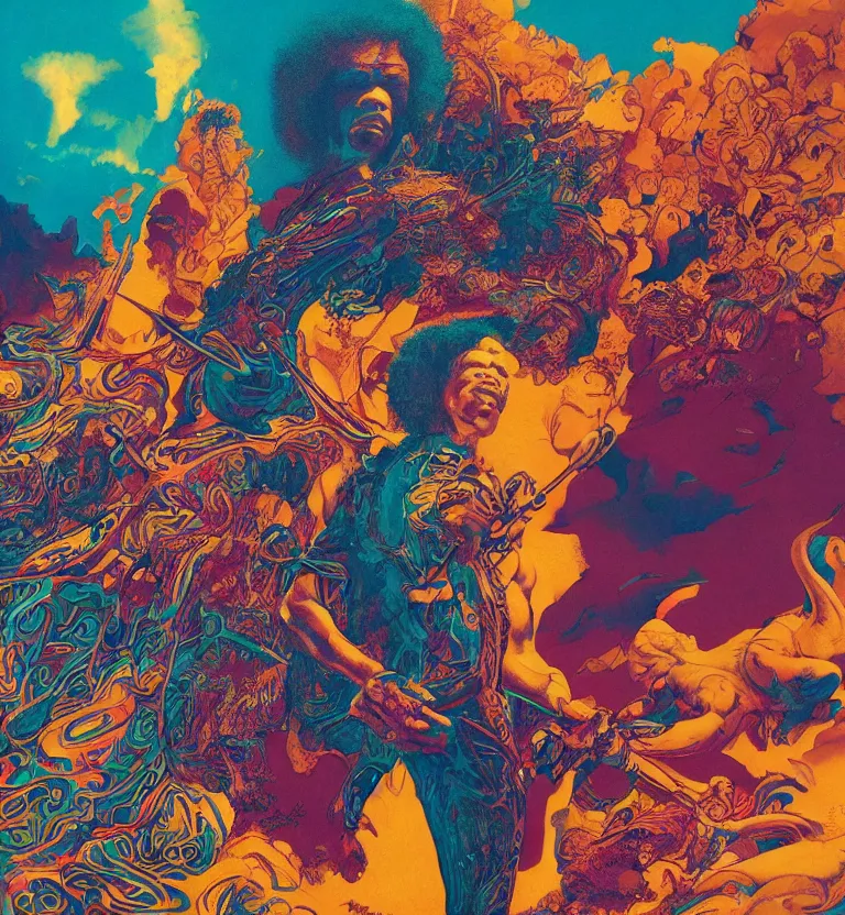 Prompt: jimi hendrix full body, colourful afrofuturist biomorphic opart in background, octane render 8 k, pascal blanche, josh kirby, roger dean, james jean, giger, arthur rackham, moebius, syd mead, killian eng beksinski, greg hildebrandt, scifi, 8 k