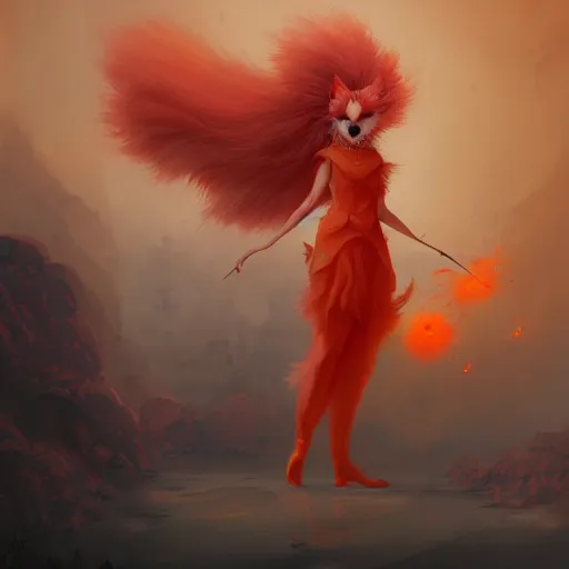 Image similar to prompt A beautiful red orange fluffy kumiho, concept art, matte painting, 8k, by Peter Mohrbacher