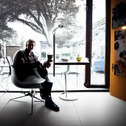 Prompt: a beautiful photograph of jacques mckeown space adventurer, sat in a chair, futuristic coffee shop