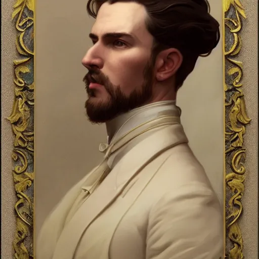 Image similar to Vintage portrait of a gentleman, highly detailed, digital painting, art by Stanley Lau and Artgerm and magali villeneuve and Alphonse Mucha, artstation, octane render, cgsociety