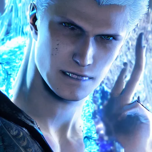 Image similar to Vergil, from dmc5, son of Sparda, beautiful, 4k, detailed face, aesthetic, realistic face, cool