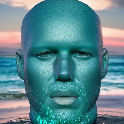 Image similar to a human head sculpture made out of juicy jelly on the ocean water, cinematic, in the style of chad knight, long shot, hyper detailed, hyper realistic, ray tracing, 8 k resolution, sharp focus, realistic water, award winning