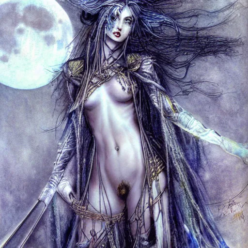 Image similar to Female Jester deity, salute to the moon, painting by Luis Royo