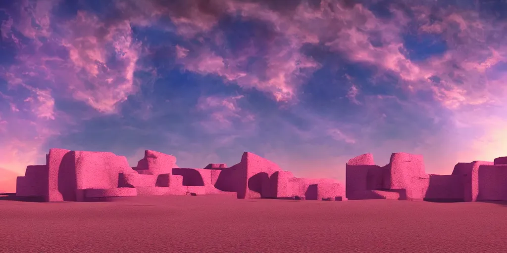 Image similar to artistic rendering of a cinematic shot of a scifi fantasy desertscape, beautiful pink sky, a purple - blue brutalist bulding, processing the soul of an ancient alien