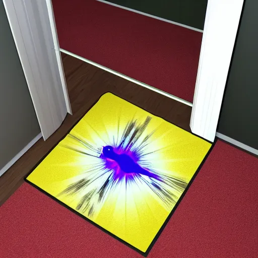 Prompt: portal door on the carpet opening to other dimensions, an alien coming out of the portal, scary