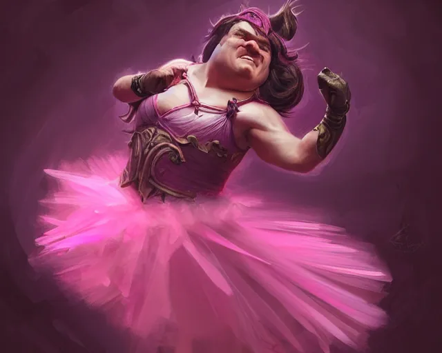 Prompt: photography of jack black dancing in a pink ballerina outfit, full body shot, deep focus, d & d and mtg, fantasy, intricate, elegant, highly detailed, digital painting, artstation, concept art, matte, sharp focus, illustration, hearthstone, art by giger