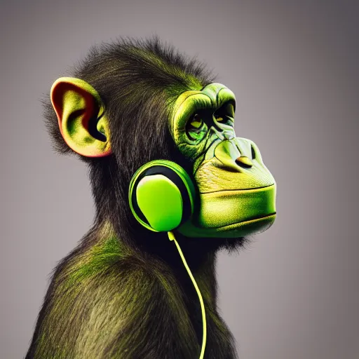 Image similar to a high quality photo of a green chimp wearing headphones, realism, 8k