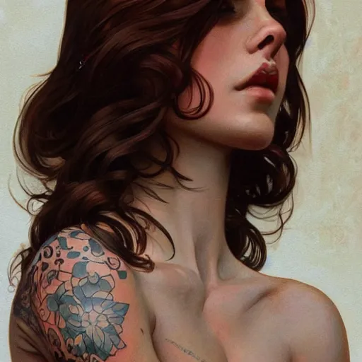 Image similar to ultra realistic illustration, a hot brunette tattooed slavic woman in her late 2 0's, intricate, elegant, highly detailed, digital painting, artstation, concept art, smooth, sharp focus, illustration, art by artgerm and greg rutkowski and alphonse mucha