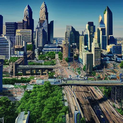 Prompt: the city of Philadelphia in the future, overgrown with nature