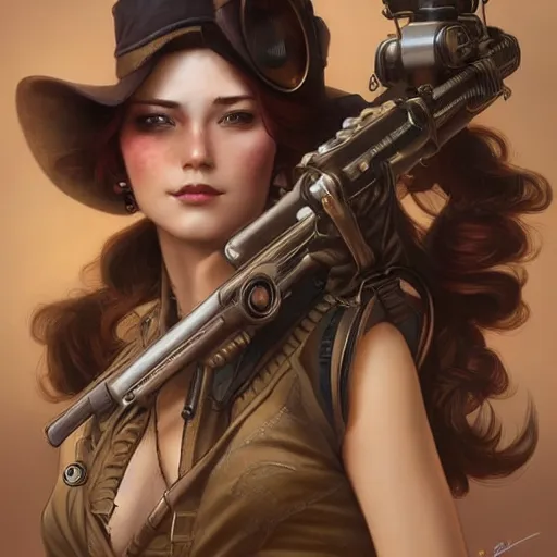 Image similar to Three quarters portrait of a beautiful steampunk female holding gun, highly detailed, digital painting, art by Stanley Lau and Artgerm and magali villeneuve and Alphonse Mucha, artstation, octane render, cgsociety