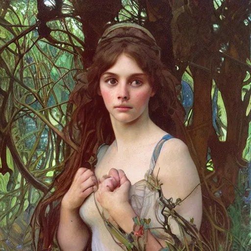 Image similar to a detailed, beautiful portrait oil painting of a girl who looks an 1 8 - year - old actress, with a surprised expression in an ancient forest, by donato giancola, alphonse mucha, and john williams waterhouse