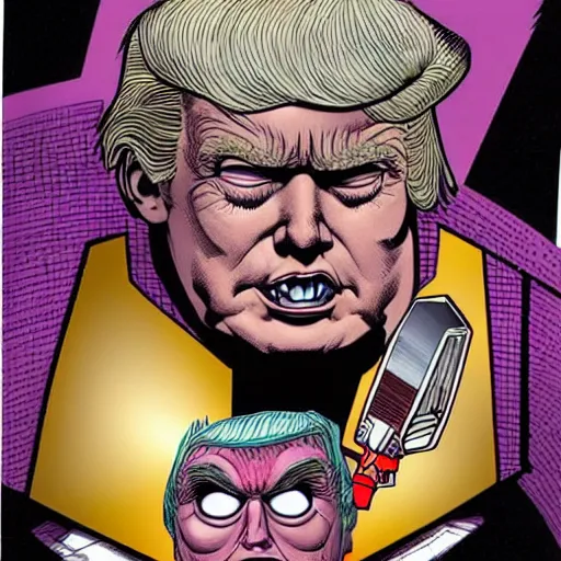 Image similar to donald trump's head as modok, the mental organism designed only for killing, little man in hovering throne, full body, psychic alien with huge head, marvel supervillain character