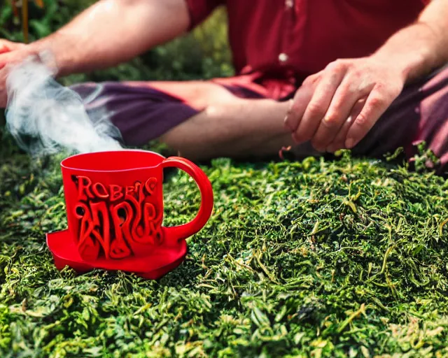 Prompt: mr robert is drinking fresh tea, smoke pot and meditate in a garden from spiral mug, detailed focused face, muscular hands, golden hour closeup photo, red elegant shirt, eyes wide open, ymmm and that smell
