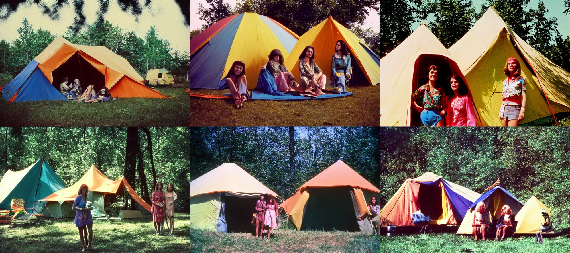 Prompt: 1974 flickr photo taken with provia provia photo taken with ektachrome playhouses tent hippies camp by modernist film a colorized photo a couple of women standing next to a tent