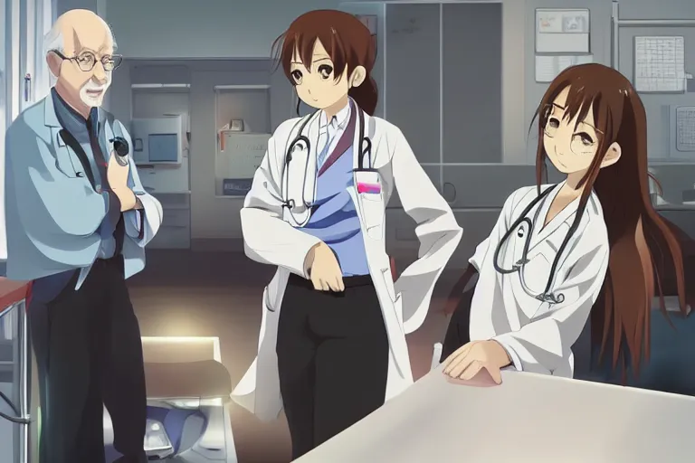 Image similar to a cute young female doctor wearing white coat are talking with an old surgeon in a hospital, slice of life anime, lighting, anime scenery by Makoto shinkai