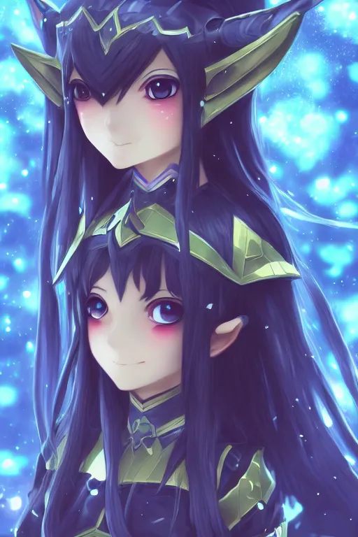 Image similar to adorable young cute anime elf girl, long black hair, detailed fantasy armor, symmetrical face. beautiful spark eyes. beautiful lineart. bokeh pixiv # 1 ranking depth focus, chromatic aberration, noise, soft lighting, srgb, 4 k, cinematic