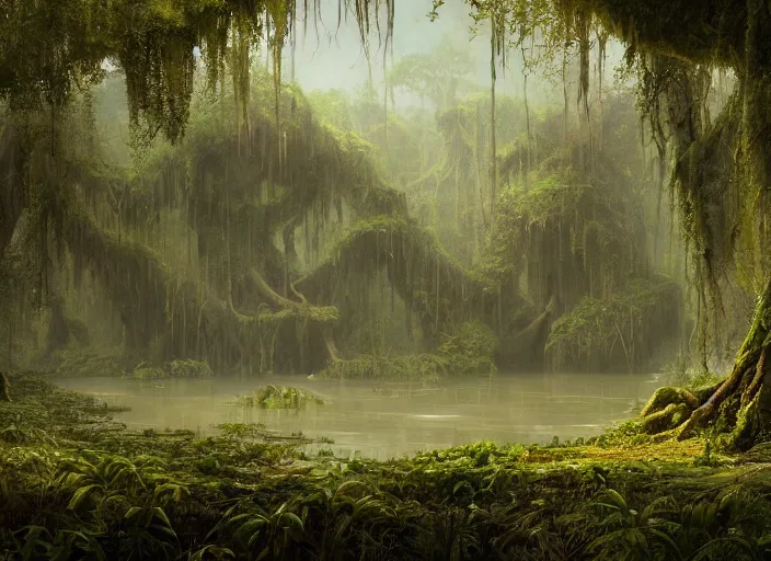 Prompt: matte painting of a huge swamp, overgrown with lush vines, immaculate scale, greg rutkowski, digital art, trending on artstation, detailed matte painting