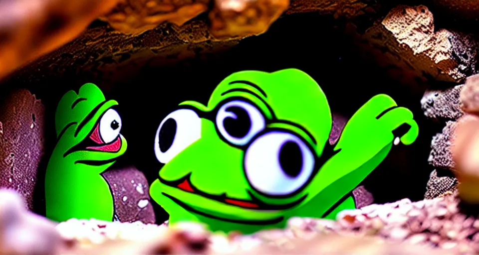 Image similar to pepe in a cave digging crystals