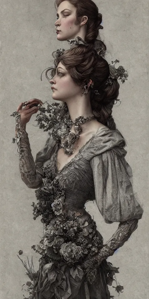 Prompt: a beautiful hyperrealistic portrait pose of a stunning Victorian model in a high-collared grey and white dress looking mournful, intricate, elegant, highly detailed, smooth, sharp focus, award-winning, masterpiece, in the style of Tom Bagshaw, Cedric Peyravernay, Peter Mohrbacher