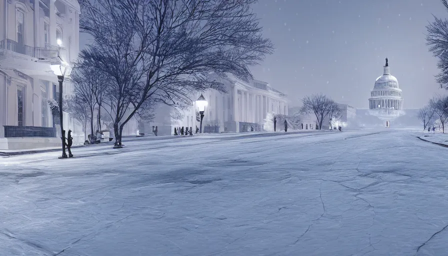 Image similar to empty snowy streets of washington dc, white house, snow dunes, hyperdetailed, artstation, cgsociety, 8 k