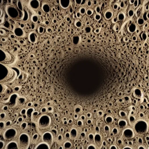 Prompt: inorganic beings of the realm of penumbra a tuberous immense physical mass with many openings and pores i was almost touching it a gigantic sponge porous and cavernous looks rough and fibrous dark brownish in color dream like atmosphere countless geometric - shaped tunnels going in every direction