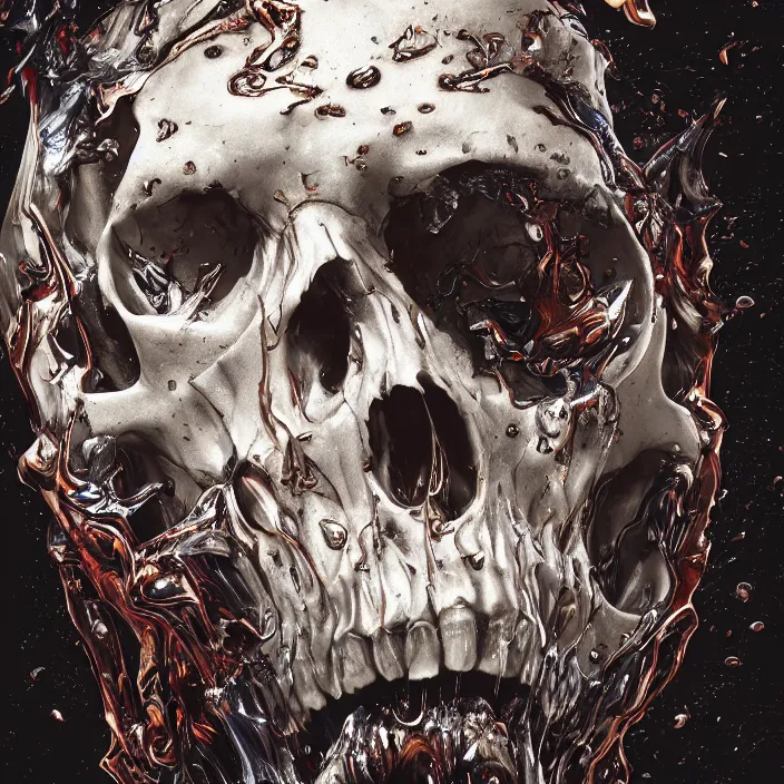 Image similar to portrait of a melting dripping skull. razor sharp teeth. burning water distortions. intricate abstract. intricate artwork. by Tooth Wu, wlop, beeple, dan mumford. octane render, trending on artstation, greg rutkowski very coherent symmetrical artwork. cinematic, hyper realism, high detail, octane render, 8k, depth of field, bokeh. iridescent accents