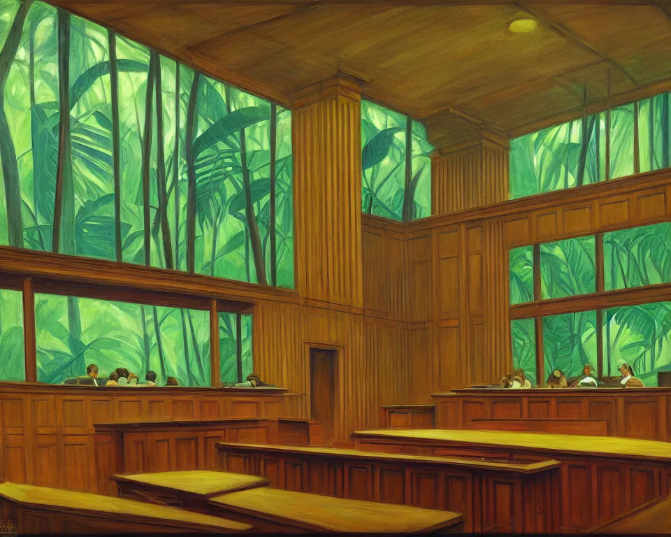 Prompt: a courtroom in the rainforest by hopper. hyperdetailed, proportional, romantic, enchanting, achingly beautiful, graphic print, trending on artstation, jungle, tropical, foliage