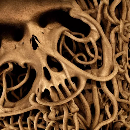 Image similar to extreme closeup photo of a Skulls shrouded in intestine vines, flies sitting on the skull, body horror, 3D render,subsurface scattering,global illumination,raytracing,studio lighting,optical lens flare fx,bokeh,cinematic,photorealistic,photography by Helmut Newton, Sigma 85mm f/1.4, 4K, UHD, HDR