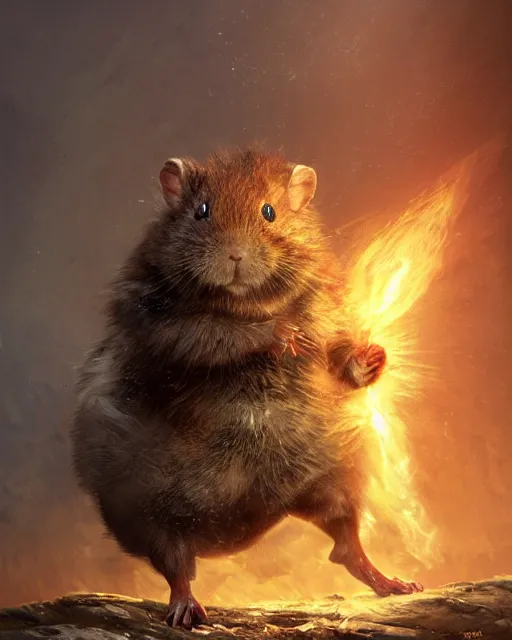Prompt: oil painting of Angry Anthropomorphized Hamster Berserker, wearing fur armor, claws, sharp focus, attack pose, fantasy style, octane render, volumetric lighting, 8k high definition, by greg rutkowski, highly detailed, trending on art Station, magic the gathering artwork, burning Battlefield background, centered