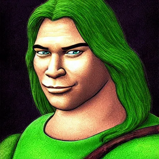 Prompt: shrek from shrek as a glorious devout shining powerful epic amazing awesome very handsome attractive muscular stylish knight in shining golden armor with long lush golden hair a strong jaw and attractive green eyes, fantasy art, hyper detailed, extremely complex, hyper realistic, similar to the mona lisa, art by leonardo devinci