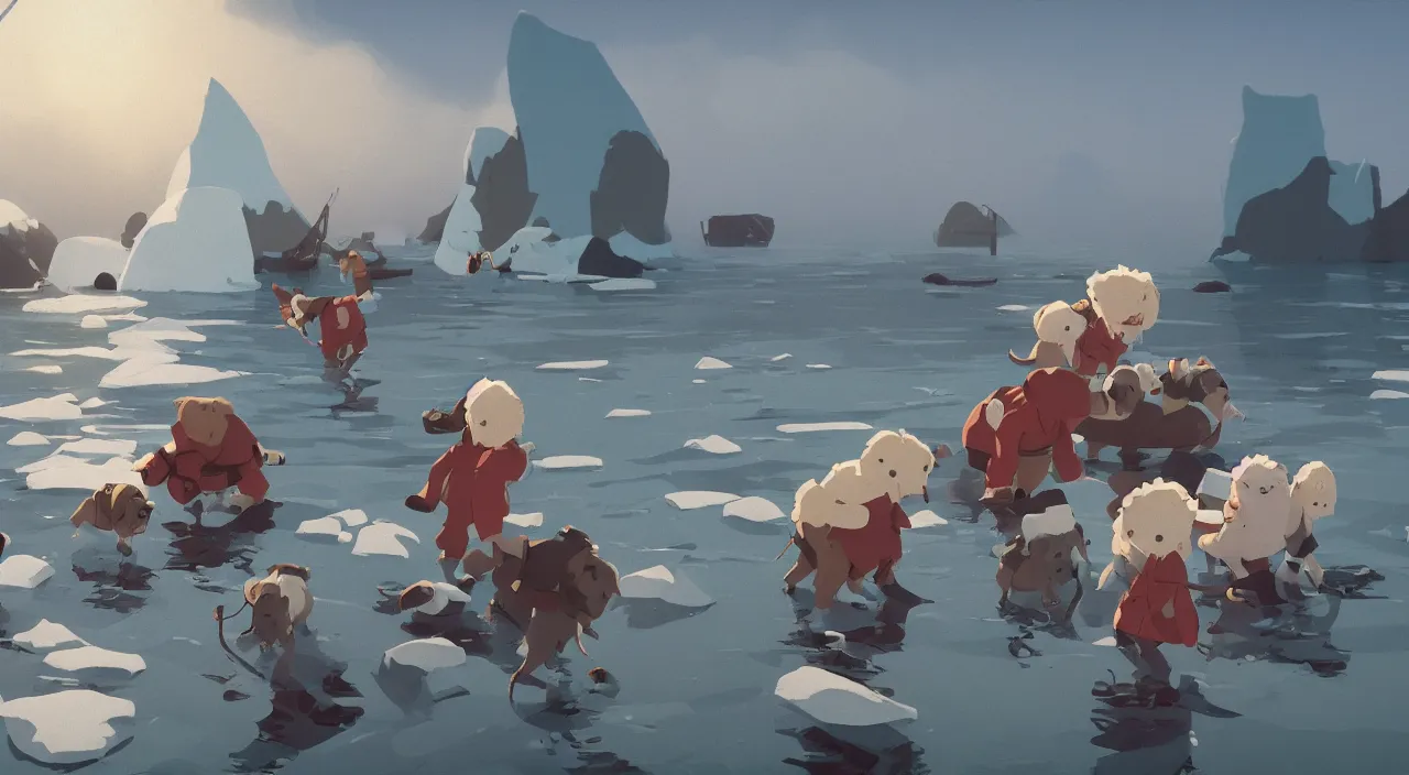 Image similar to havanese dogs dragging arctic explorers by their clothes from the water, 1 9 0 0, tartakovsky, atey ghailan, goro fujita, studio ghibli, rim light, scary, afternoon lighting, clear focus, very coherent