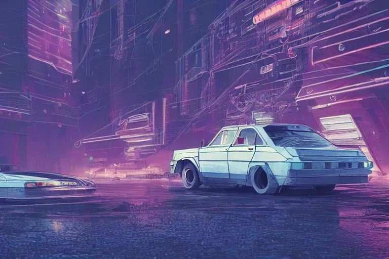 Image similar to cyberpunk synthwave an old soviet car pobeda in the soviet yard, intricate, elegant, concept art, smooth, sharp, focus, futuristic, cgsociety, in the style of artstation