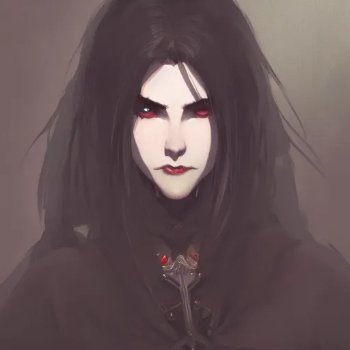 Image similar to female human vampire witch in the style of greg rutkowski, makoto shinkai, trending on artstation, character design, concept art, pretty face, highly detailed, long black hair, portrait, digital art