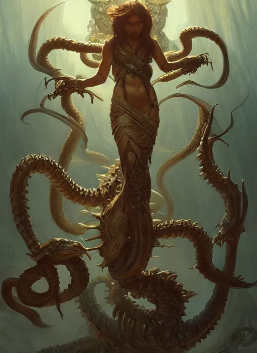 Prompt: painting of the hydra, d & d, gruesome, monstrous, classical, fantasy, intricate, elegant, highly detailed, digital painting, artstation, concept art, smooth, sharp focus, illustration, art by artgerm and greg rutkowski and alphonse mucha