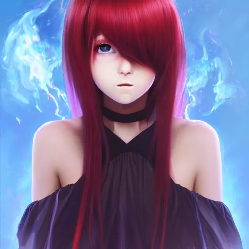 Prompt: advanced digital portrait painting photograph, a teenage anime girl wearing a dress made of fire , full body, very long black and red hair, eye color like magma , full round face, seductive stare, cinematic lighting, medium shot, MCU, highly detailed, trending on artstation, CSP, Photoshop, Stanley Artgerm Lau, WLOP, Rossdraws, James Jean, Andrei Riabovitchev, Marc Simonetti, and Sakimichan