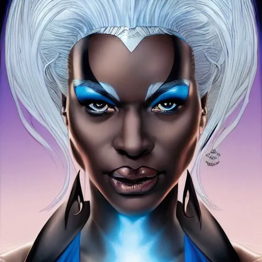 Prompt: Portrait of Ororo Munroe, a beautiful black woman in her 30s, with white hair and piercing blue eyes, symmetrical face, detailed face, delicate features, graphic novel, art by Ardian Syaf,