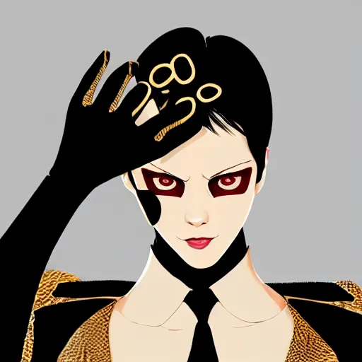 Image similar to Goro Majima as slim girl, gold suit jacket in snake print, black leather gloves, short black hair, black eye patch, elegant, 2d, ultra highly detailed, digital painting, smooth, sharp focus, artstation, art by Ilya Kuvshinov