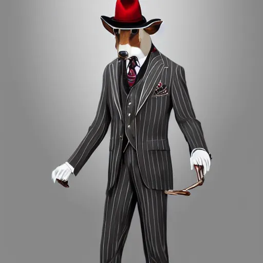 Image similar to a upper body portrait of a deer in a pinstriped suit and pants wearing a fedora with the antlers sticking out of the fedora adjusting his tie by artgerm and wlop, intricate detail, digital art, photorealistic, trending on artstation