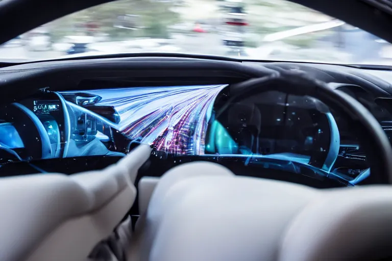 Image similar to a high-detailed picture from the inside of a driving autonomous car, 8k, photo-realistic