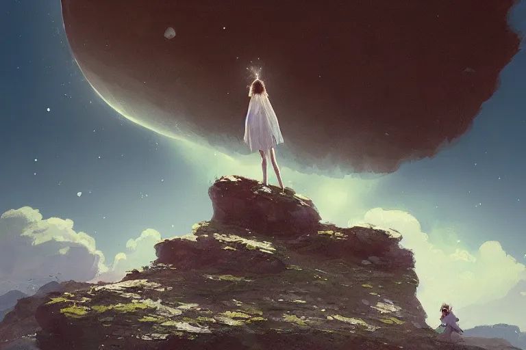 Prompt: giant white daisy flower on the head, girl standing on cliff, surreal photography, solar eclipse, milky way, dramatic light, impressionist painting, clouds, digital painting, artstation, james gilleard, liam wong, jeremy mann, simon stalenhag