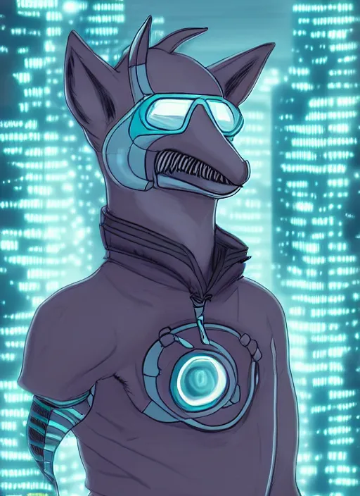 Prompt: beautiful portrait commission of a male furry anthro dolphin-headed fursona with a fin wearing cyberpunk clothes. Cyberpunk city at night