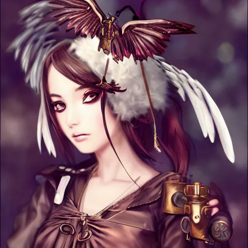 Image similar to anime girl with steampunk wings and steampunk weapons, portrait, finely detailed, epic, intense, cinematic lighting,