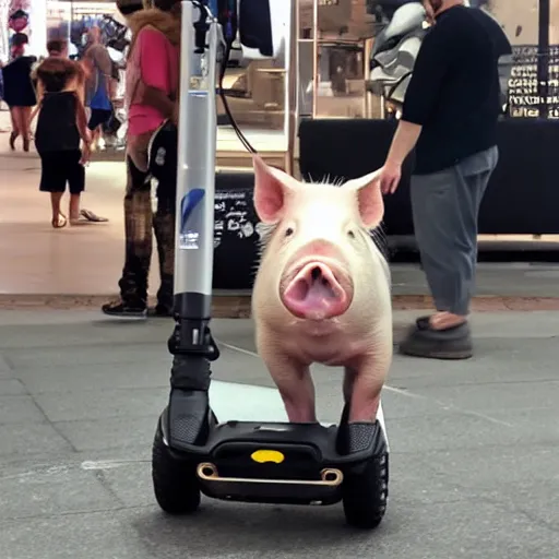 Prompt: photo of a pig on a mobility scooter in a mall