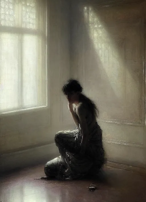 Image similar to a portrait of beautiful woman sitting in the floor, inside a modern apartment, intricate oil painting, hyperdetailed, misty, ethereal, dramatic lighting, by jeremy mann and ruan jia and lawrence alma - tadema