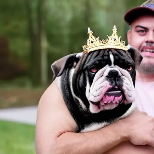 Image similar to a homless man holding an english bulldog wearing a crown