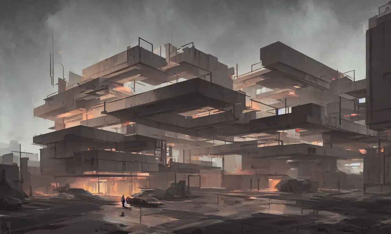 Image similar to brutalist architecture by le corbusier, colorful neon lighting, greg rutkowski, syd mead, concept art, matte painting, highly detailed, rule of thirds, dynamic lighting, cinematic, detailed, denoised, centered