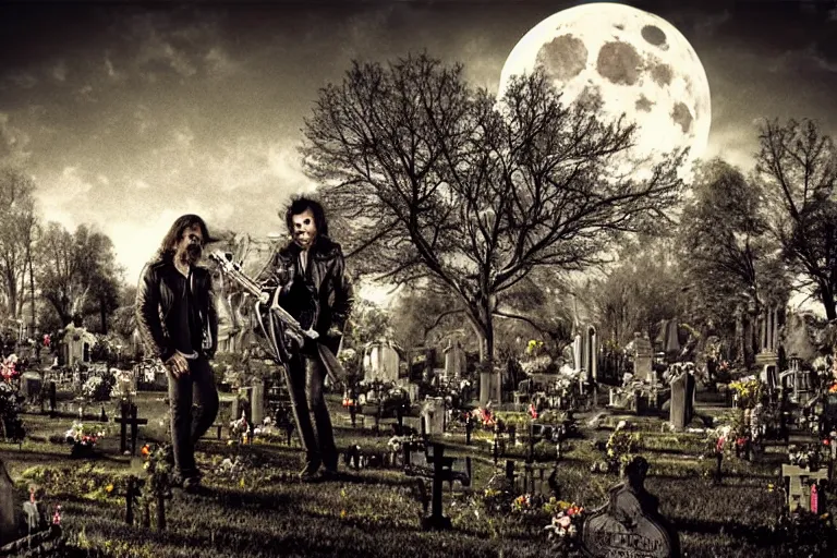 Prompt: dead rockers in leather jackets with guitars in the hands in a cemetery, rock concert, dark night, full moon, the oak tree, highly detailed digital art, photorealistic